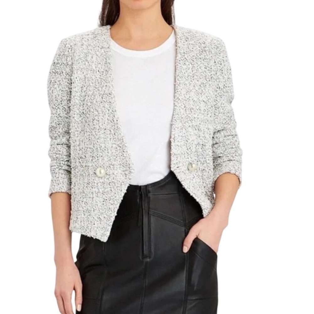 Intermix Womens Grey White Tweed Cropped Blazer Pearl Button Boucle Jacket 10